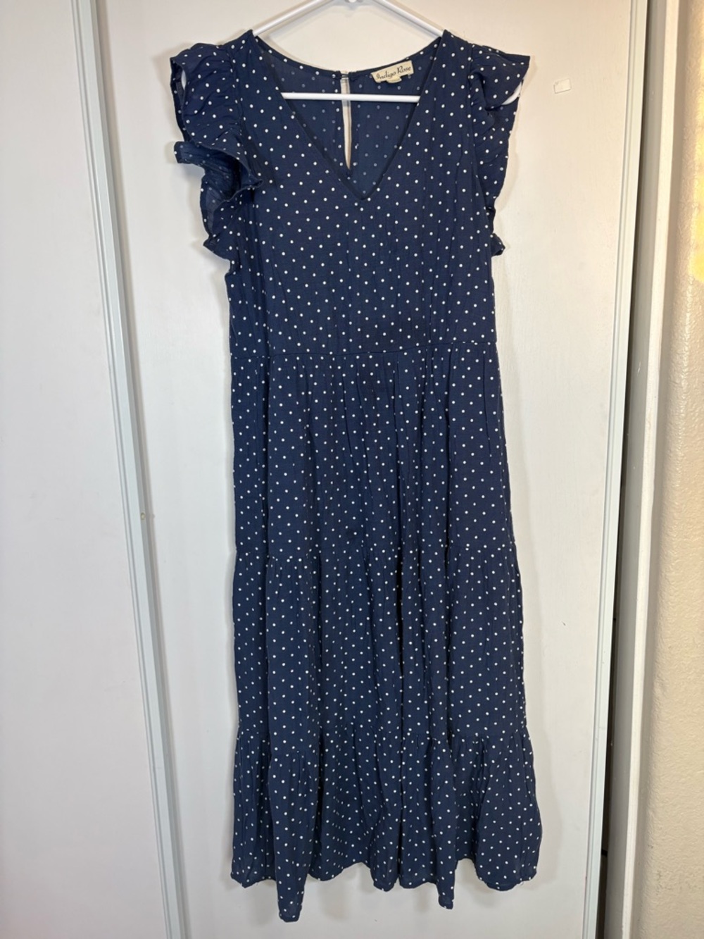 Indigo Rose Navy Polka Dot Ruffle Sleeve Tiered Midi Dress Size M